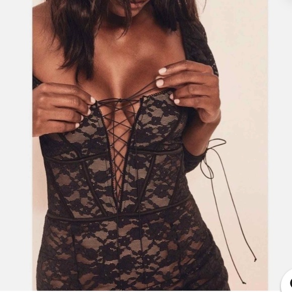 For Love and Lemons Dress Violetta Lace Up Mini Puff Sleeve Black Lace XS - Picture 3 of 8